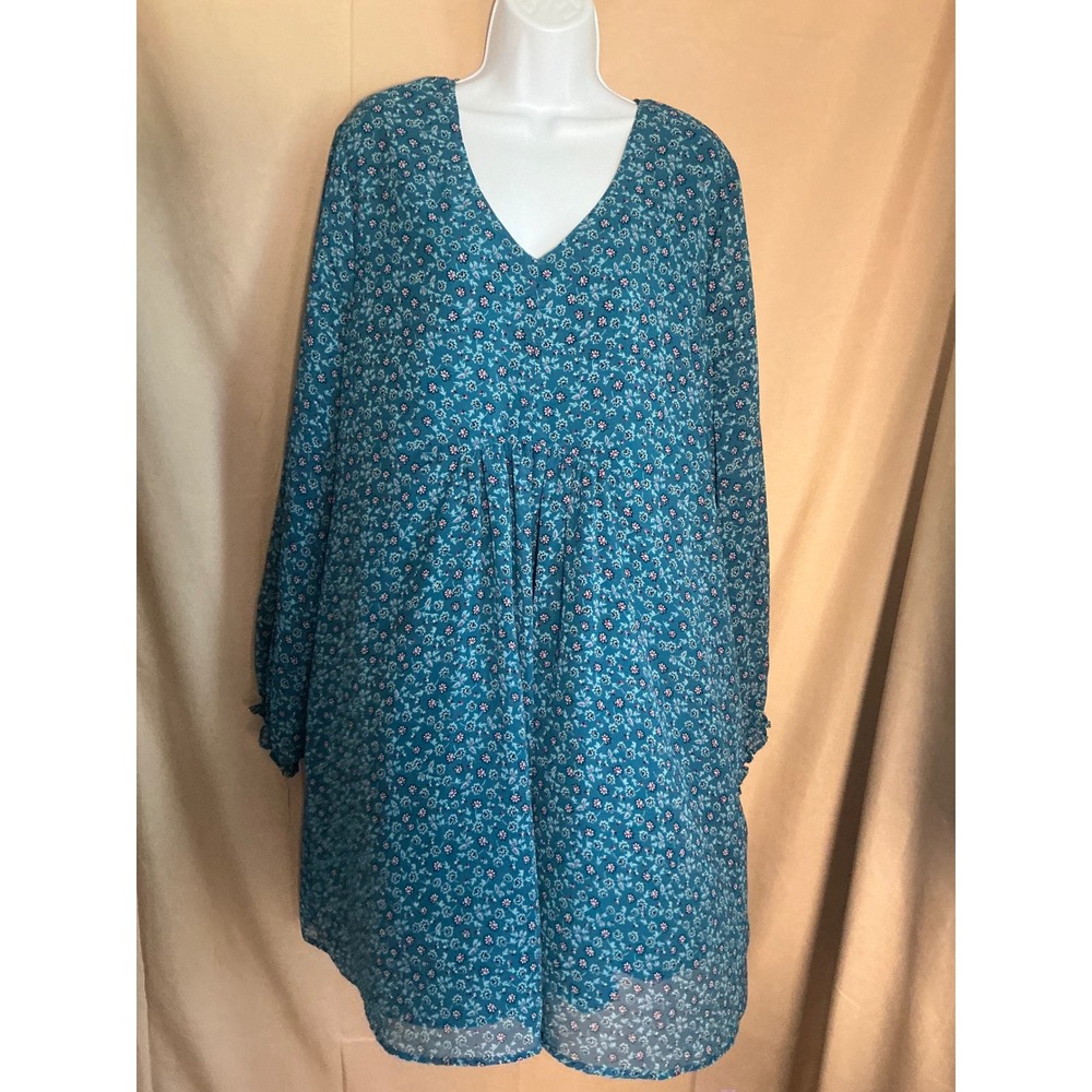 Time and Tru Floral Dress Women XXL Teal Blue Excellent V-Neck Chiffon Mini